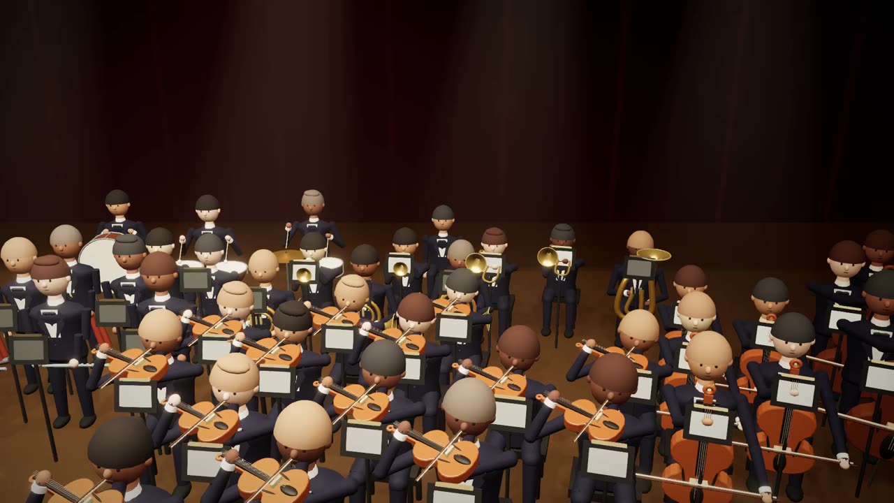 The demo concert: the string section seen from above, the brass behind them.