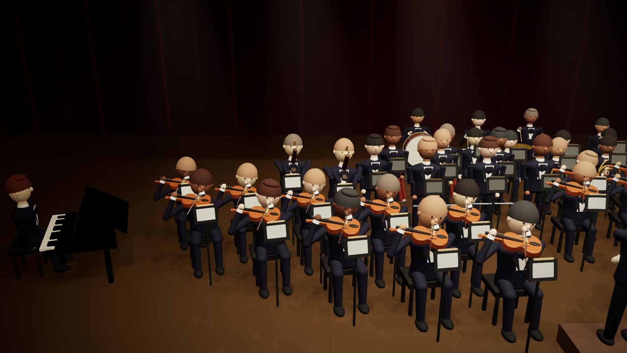 A close-up on the first violins, bows raised, with the piano at the left of the stage.